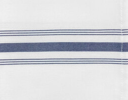 A close-up of Ganesh Mills Bistro Napkins - White w/ Color Stripes shows a white polyester napkin featuring a wide dark blue stripe bordered by two thinner blue lines, creating a simple, clean pattern.