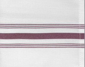 The Ganesh Mills Bistro Napkins - White w/ Color Stripes feature three horizontal maroon stripes near one edge—middle stripe thicker, flanked by thinner lines—crafted from smooth polyester with visible stitching on the right side.