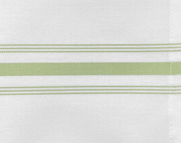 Ganesh Mills Bistro Napkins - White w/ Color Stripes feature three horizontal green stripes, the middle one thickest, on smooth, slightly textured fabric. Theyre ideal for restaurant and catering use.