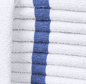A close-up of an Intralin Wholesale Bar Mop Towel, featuring white cotton with horizontal ridges and a central vertical blue stripe, characteristic of the brand’s classic design.