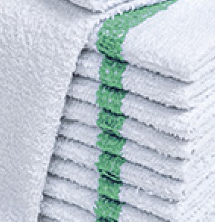 A stack of Intralin Wholesale Bar Mop Towels, white with a green edge stripe, neatly folded. Made of cotton terry, these towels are ideal for use in kitchens and bars.
