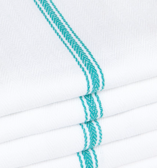 A close-up of four folded Intralin Kitchen Towel - Herringbone Kitchen Towels, each white with a teal stripe along one edge.