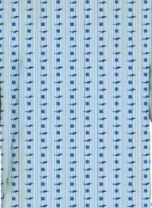The Intralin Gowns - Twill Patient Gown features light blue fabric with vertical stripes and small blue geometric shapes in evenly spaced rows, creating a neat repeating pattern. Affordable and ideal for hospital gowns.