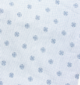 The Calderon Textiles Twil Patient Gown features white fabric with thin blue vertical pinstripes and evenly spaced blue circular floral/starburst patterns, designed for comfort and ideal for IV/telemetry use in bariatric care.