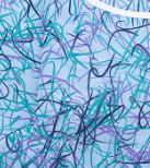 Abstract pattern of overlapping teal, blue, and purple lines and squiggles on a light blue background with a white arc near the top, inspired by Calderon Textiles Color Lock designs. Featured on the 100% MJS Poly Patient Gown.