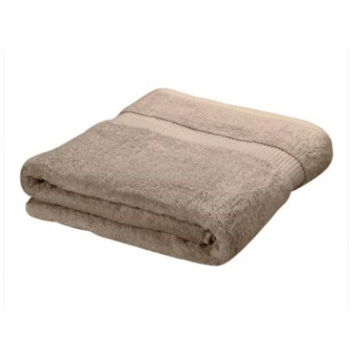 The Ganesh Mills Dobby Hemmed Lounge Towel in taupe features ringspun cotton and a textured band, neatly folded on a white background.