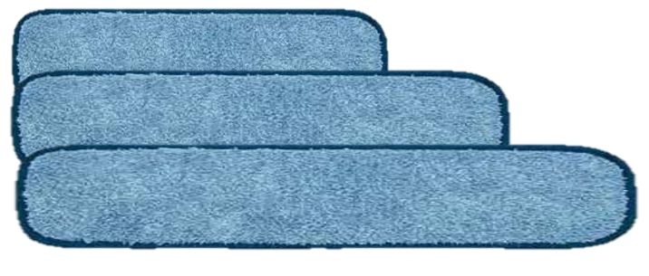 Three rectangular blue KSE Wet/Dry Mop Pads - Folded Over Edge are stacked slightly offset, each with rounded corners and a dark blue border—ideal bulk cleaning supplies for wet or dry use.