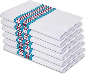 A set of six KSE Baby Receiving Blankets, each neatly folded and featuring blue, red, and teal stripes along one edge.