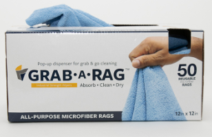 A box of Calderon Textiles Grab-A-Rag, General Purpose microfiber rags with 50 reusable 12" x 12" blue cloths—ideal for absorbing, cleaning, and drying. Features easy hand-pull dispensing for any task.