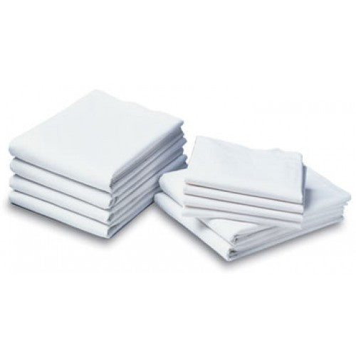 Two stacks of KSE Global Collection T-180 Fitted Sheets are arranged side by side on a white background, ideal for those seeking quality bulk wholesale bedding.