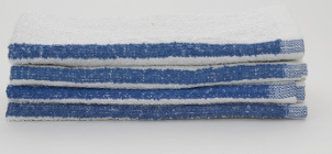 A stack of four Calderon Textiles Bar Mop Dura towels, featuring white surfaces and blue edges, is displayed against a plain white background.
