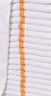 A stack of KSE Bar Mops - White w/ Center Stripe, featuring a vertical orange stripe along the edge.