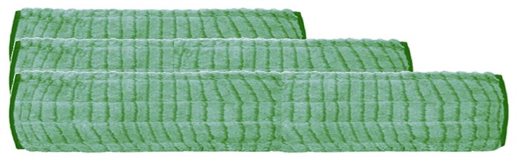 Three green KSE Microfiber Scrubber Mop Pads - Folded Over Edge, with striped texture and dark green trim, are arranged side by side—perfect for deep cleaning or stocking up on bulk cleaning pads.