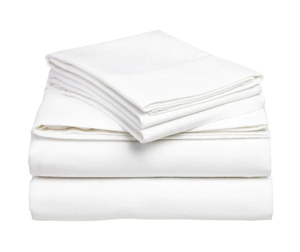 A neatly folded stack of Intralin Fitted Sheets - T-180 Elite Sheets with a crease resistant finish, displayed against a plain white background.