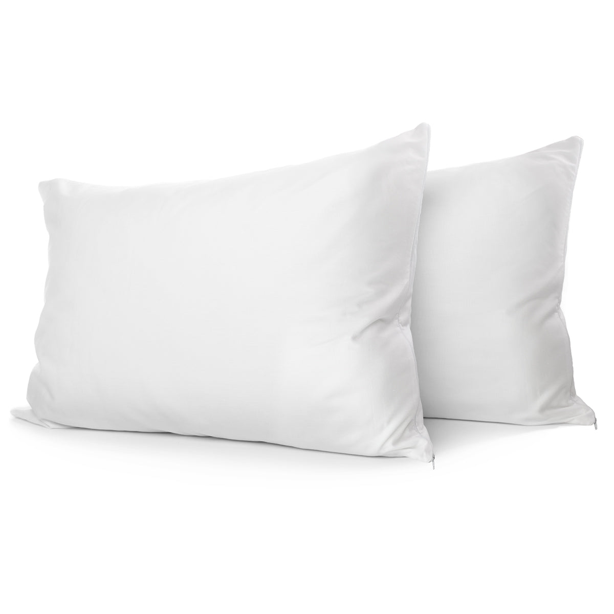 Two plain white pillows, each encased in a Ganesh Mills Oxford Zipper Pillow Protector, are placed side by side against a white background for enhanced cleanliness and comfort.
