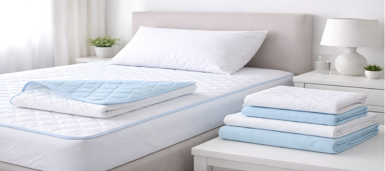 Waterproof bed protector and quilted mattress encasement on a clean modern bed with neatly folded protective pads in a bright healthcare bedroom setting