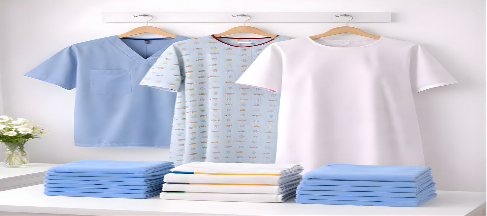 Hospital scrubs and stacks of soft cleaning towels neatly displayed in a clean bright healthcare environment