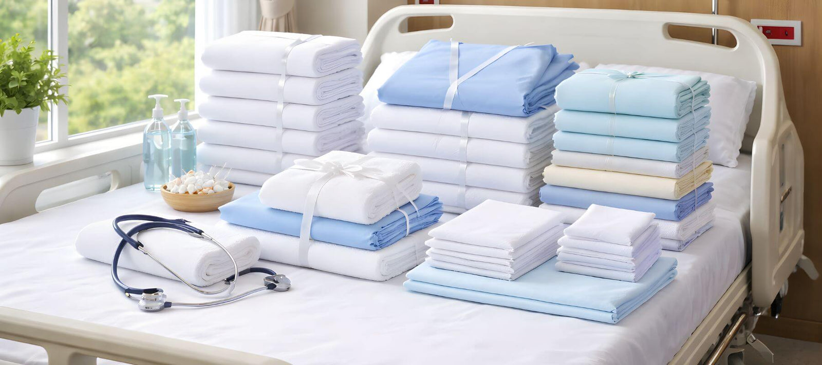 Bulk hospital linens displayed on a patient bed featuring folded sheets, thermal blankets, pillow covers, bath towels, and healthcare textile supplies.
