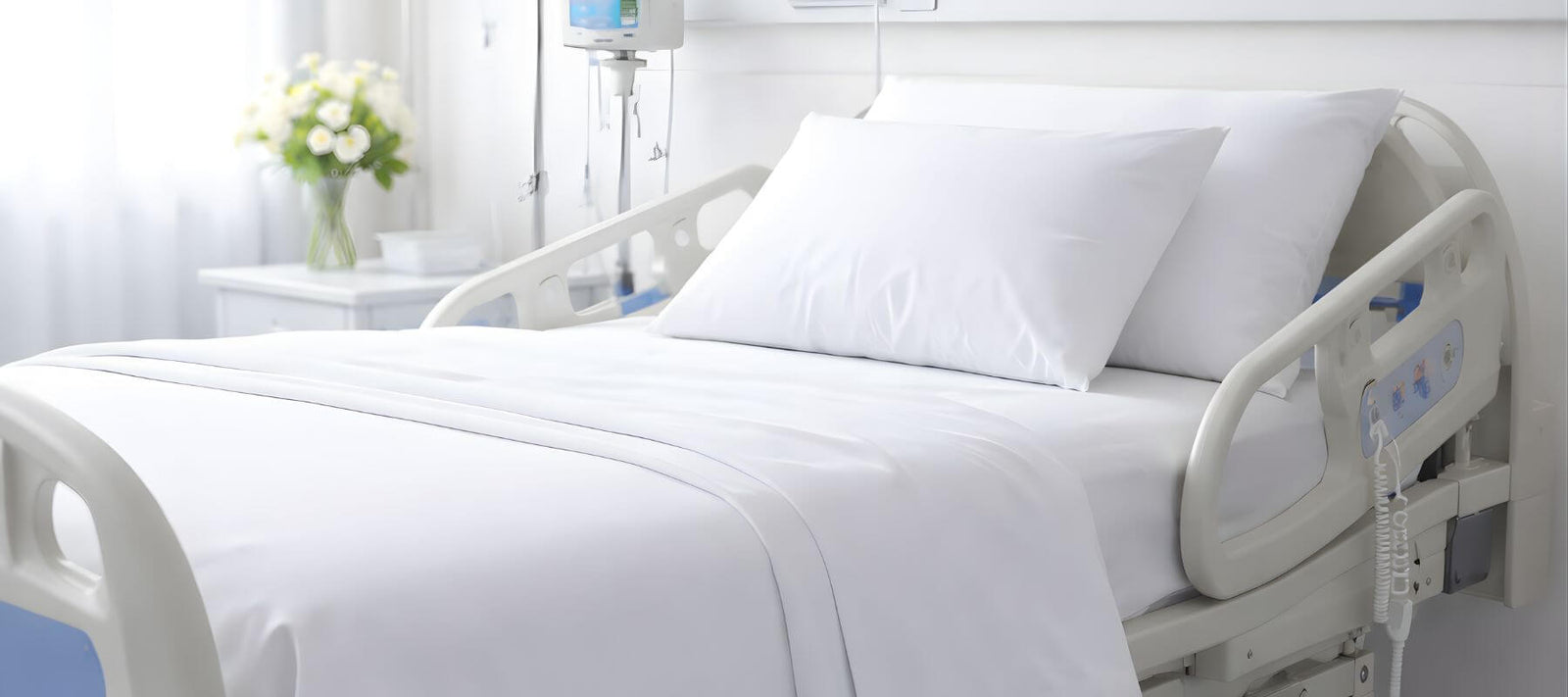 Clean white hospital bed with fresh fitted bedsheets and pillows in a modern medical room setting