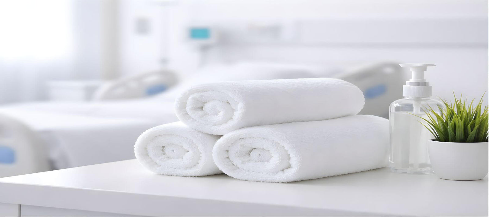 Three neatly rolled white towels, a clear pump bottle, and a small green potted plant sit on a white countertop with a blurred hospital bed in the background.