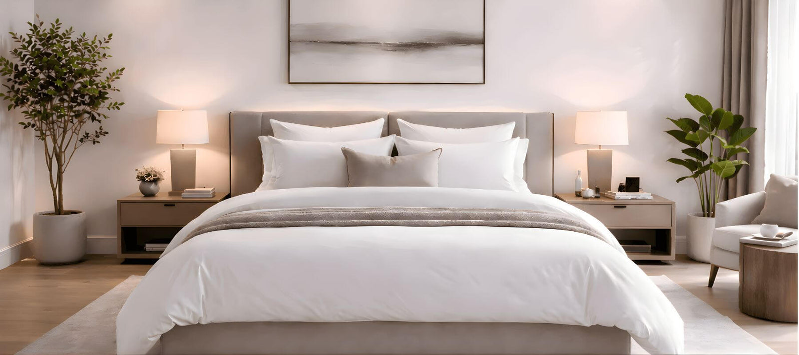 Luxury white hotel linens including bed sheets, pillows and towels arranged in modern guest room