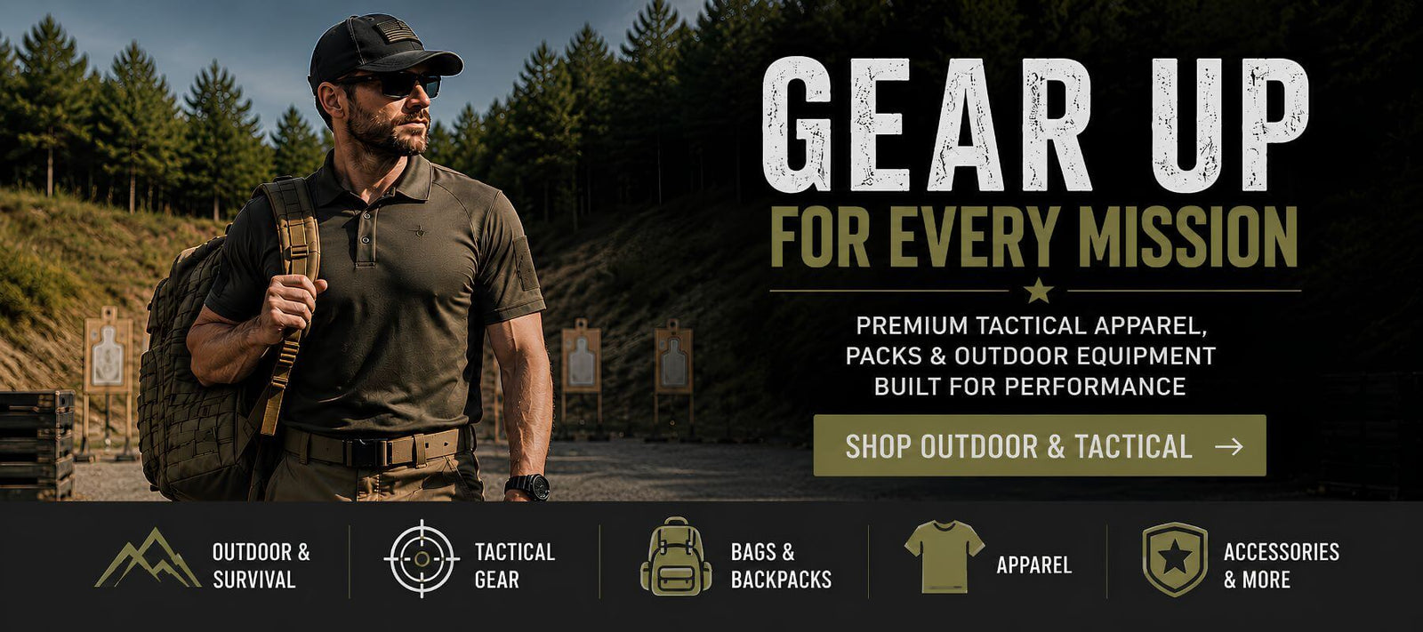 Man in tactical gear stands outdoors with a backpack. Text promotes tactical apparel, gear, bags, and accessories for outdoor and survival missions. Forest and hills in background.