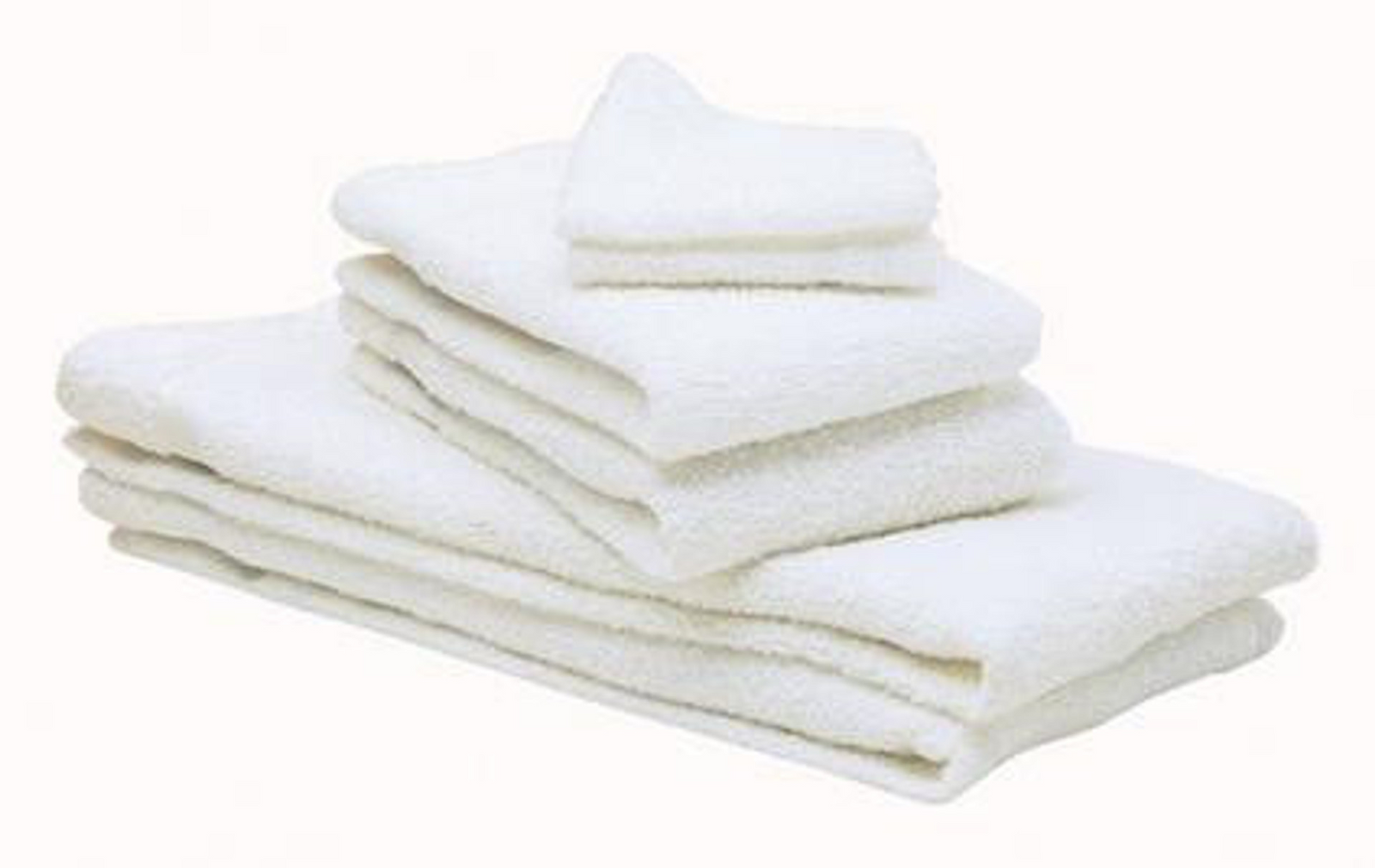 The Intralin 10s Economy Bale Packed - Towels & Wash Cloths features a neatly stacked set of white towels and wash cloths in multiple sizes, arranged from largest to smallest, set against a plain light background.