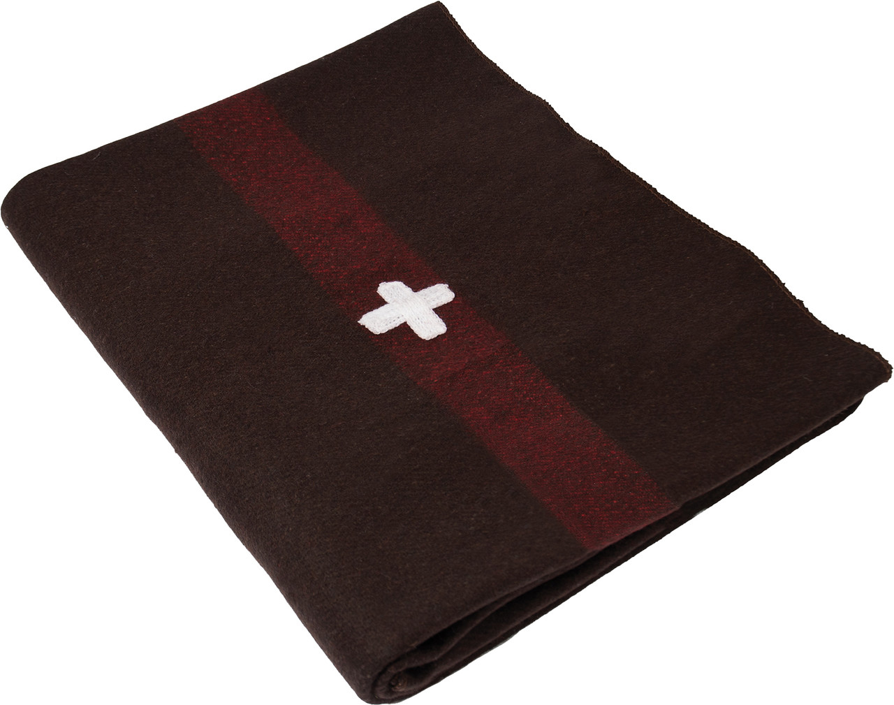 The Wool Blankets Swiss Army Wool Blanket With Cross is a dark brown wool blanket with a vertical red stripe and a white cross in the center.