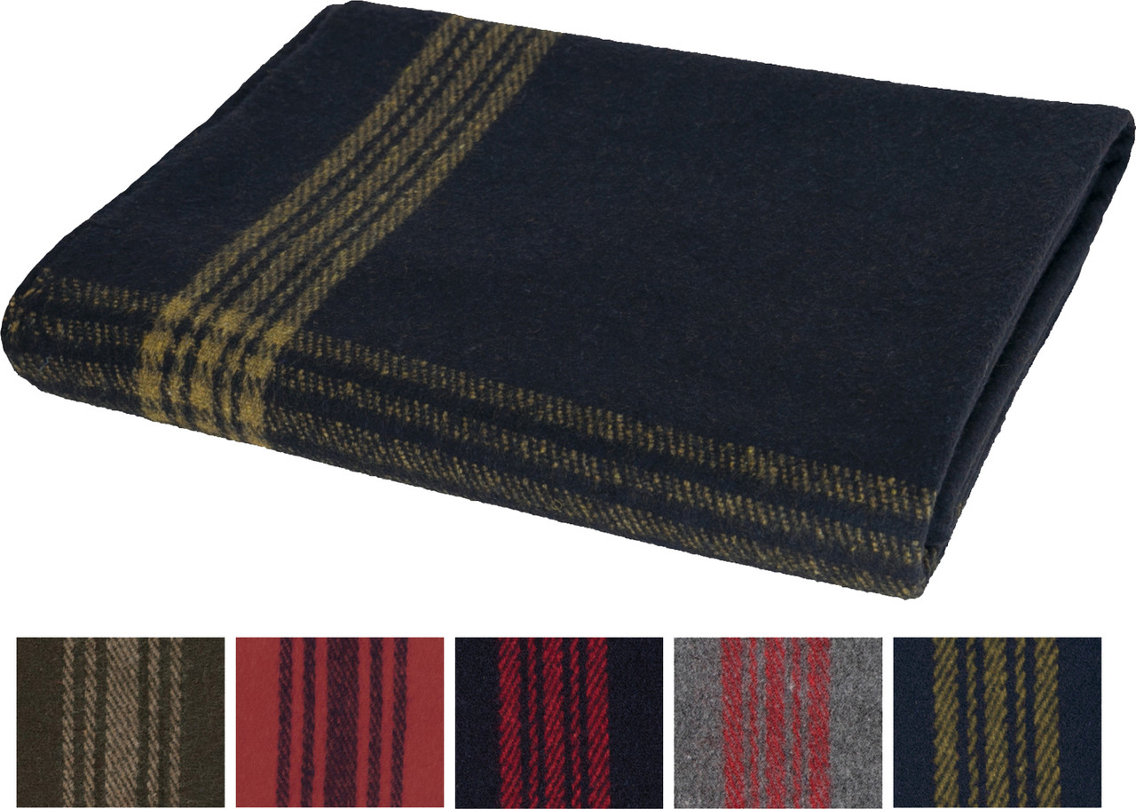 The Wool Blankets - Striped Outdoor Wool Blanket by Wool Blankets, shown folded with a dark base and yellow plaid stripes, is ideal for camping and comes in six color options featuring plaid patterns in green, red, gray, and blue.