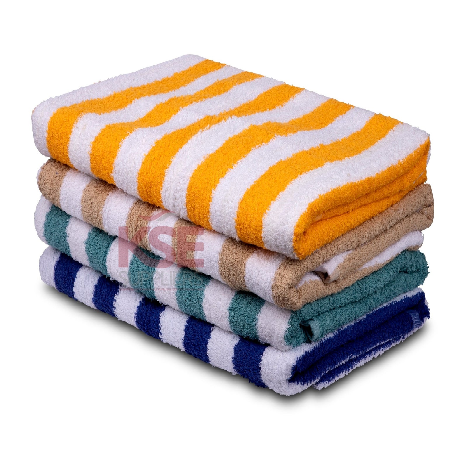 A stack of four KSE Cabana Pool Towels - Cabana Stripe in orange, tan, green, and blue with crisp white stripes brings vibrant color to your space. These soft cotton towels are neatly folded on a white background.
