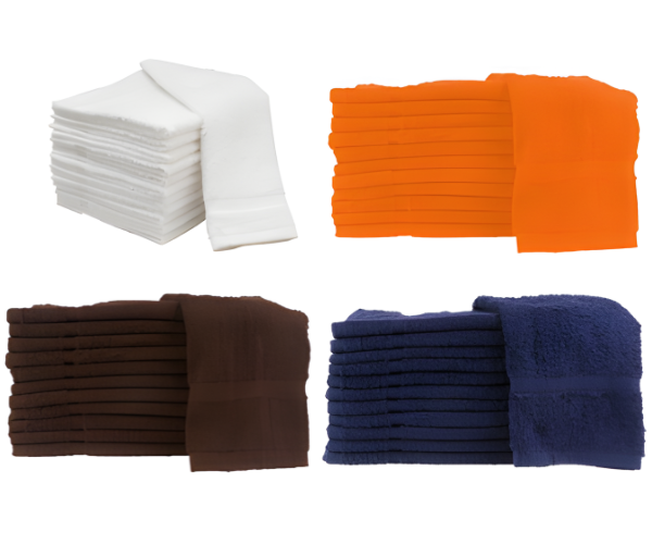 Stacks of Manhattan Hosiery Co. 10S Cotton Towels in white, orange, brown, and dark blue showcase multiple sizes and weights—ideal for those seeking quality bulk towels.