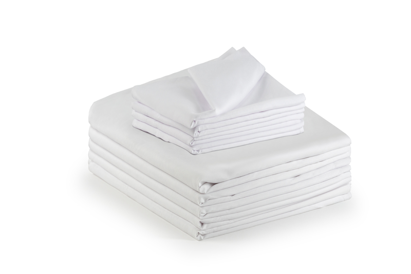 A neatly folded stack of KSE Bath Blankets - White with Blue Stripe (55% Cotton / 45% Poly) is set against a plain white background, with matching pillowcases placed on top.