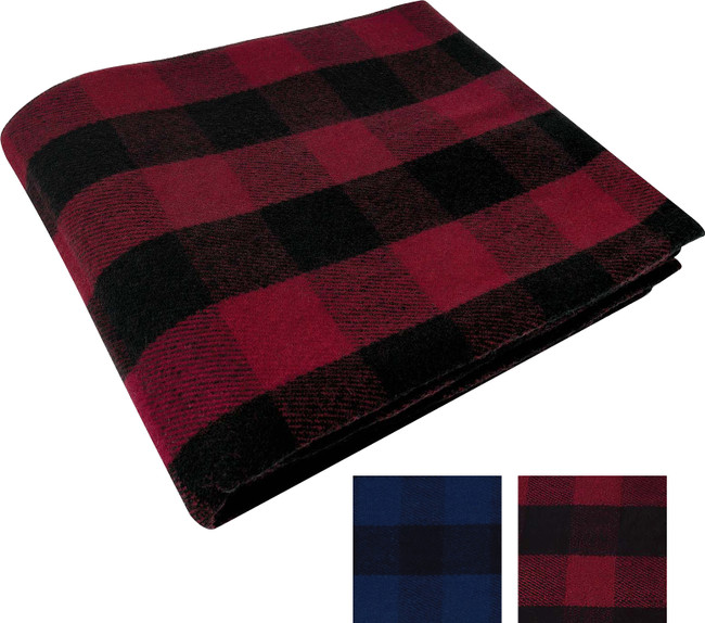 The Wool Blankets Plaid Wool Blanket by Wool Blankets is shown folded in red and black, with smaller blue and black, and navy and black swatches displayed in the bottom right corner.