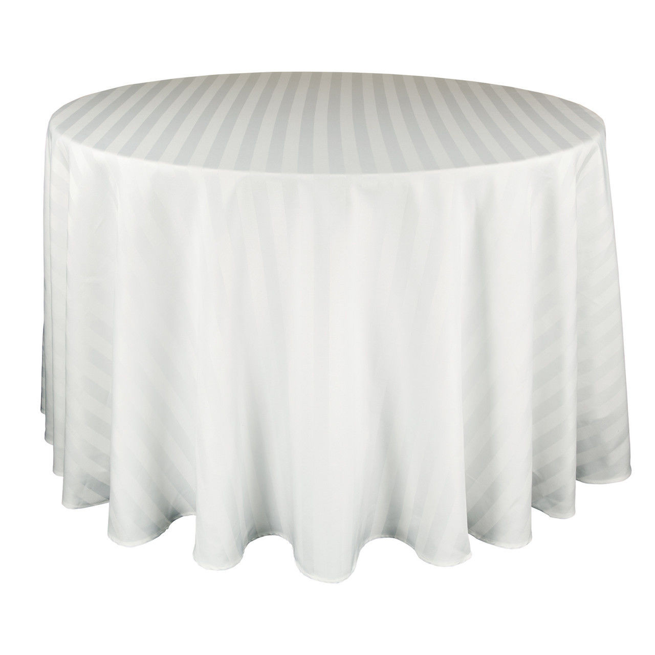 The Premier Tablecloth by 1Concier is made of 100% Mjspun Polyester (7.2 oz/SQ) in white with subtle vertical stripes, drapes elegantly to the floor, and features convenient stain release for easy care.