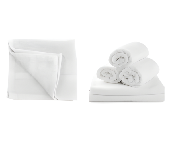 Two sets of Manhattan Hosiery Co. 10S Cotton Washcloths (12” x 12”): one stack folded flat on the left, three rolled on folded linens to the right, all showcased against a white background.