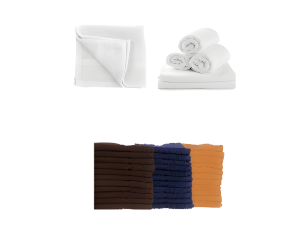 Two sets of Manhattan Hosiery Co. 10S Cotton Washcloths (12” x 12”): white washcloths neatly rolled on top, and commercial washcloths in brown, navy blue, and orange stacked side by side below.