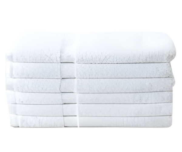A stack of eight Towel 16S 20” x 40” by Manhattan Hosiery Co. is shown against a white background, resembling bulk hand towels used in commercial settings.