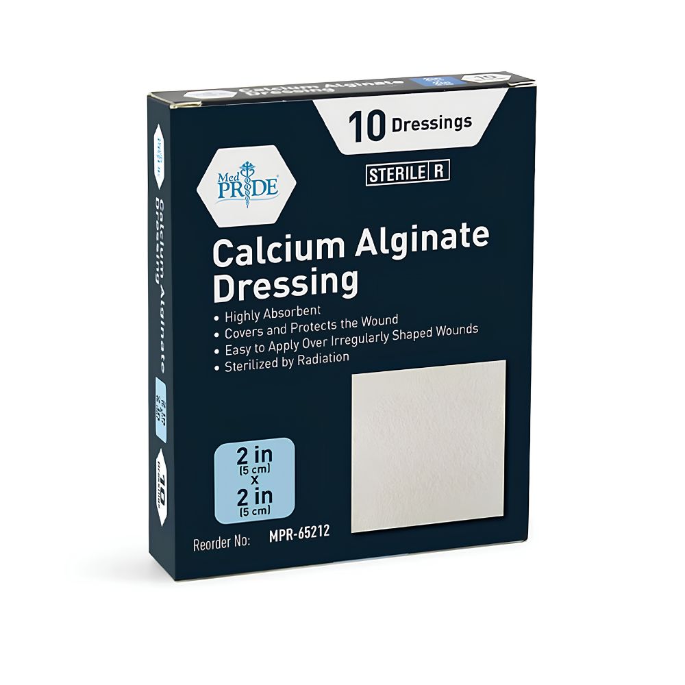 A box of Shield Line MedPride Calcium Alginate Dressing Pads (2"x2”, 4.25"x4.25” & 4”x8”) is sterile, highly absorbent, and ideal for advanced wound care. Includes multiple sizes for versatile use.
