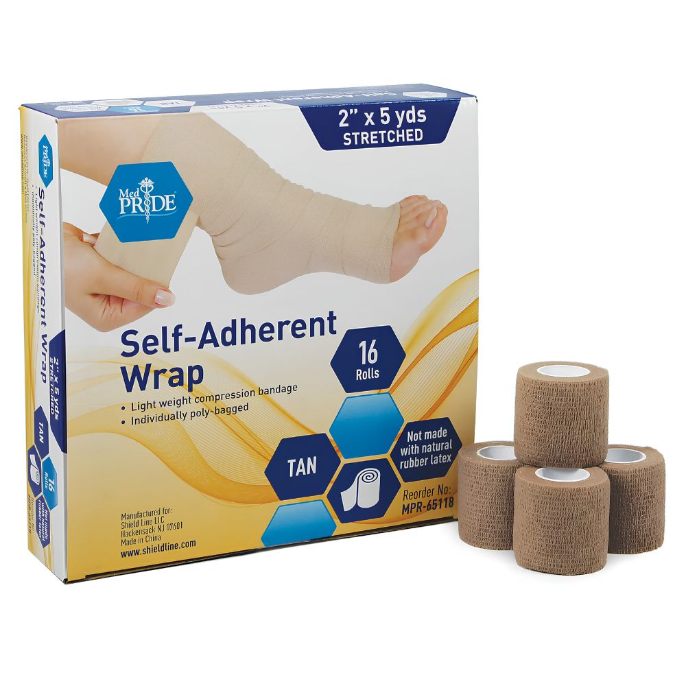 Shield Line Medpride Self-Adherent Wrap box is shown beside four tan cohesive compression bandages. The box indicates it contains 16 latex-free rolls (3" x 5 yds & 2" x 5 yds) and shows a foot wrapped in athletic tape.
