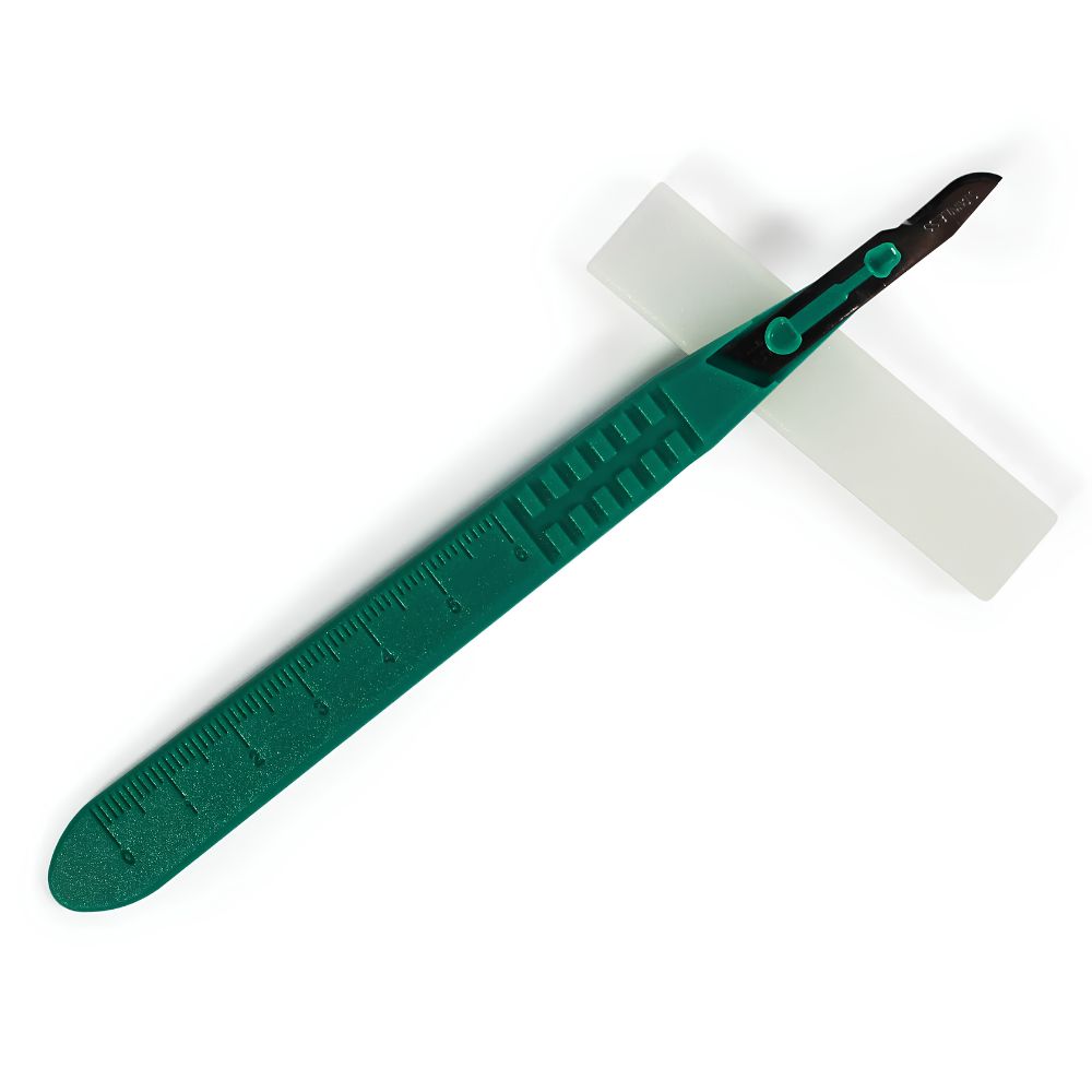 The Shield Line MedPride Disposable Scalpel is a green, sterile surgical instrument with a stainless blade, handle ruler, and protective white plastic cover under the blade—ideal for precision cutting.