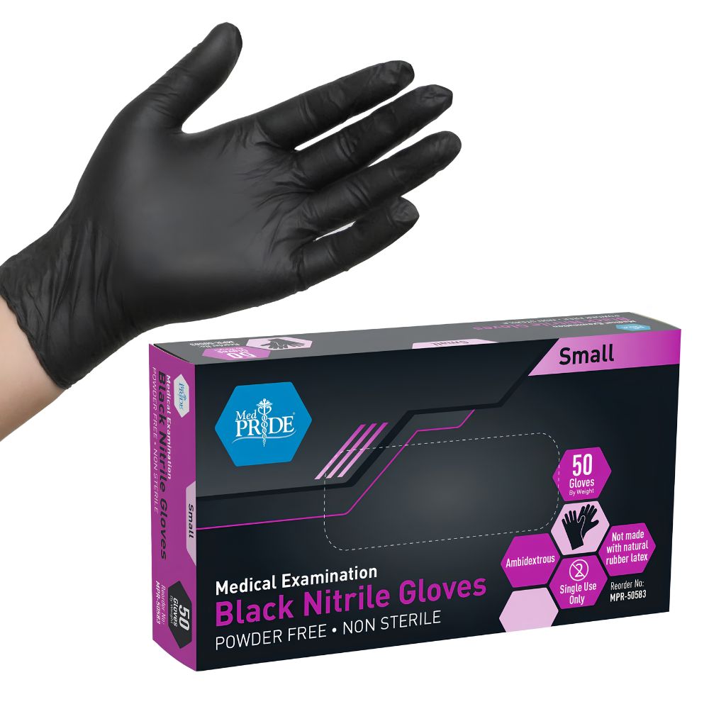 A hand in a black nitrile glove is shown above a Shield Line box labeled MedPride Black Nitrile Exam Gloves Powder Free Non Sterile, 4 Mil Thick, Small, Latex-Free—mostly black and purple packaging with 50 gloves.