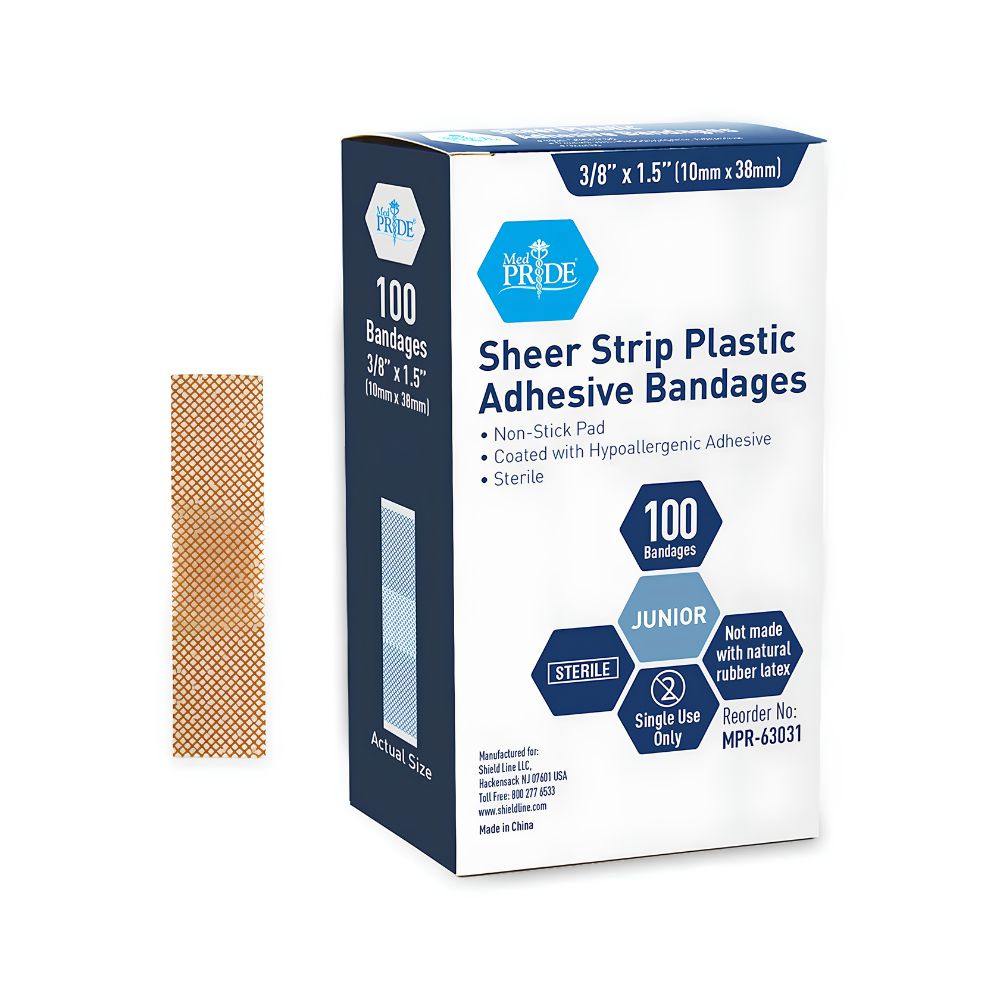 A box of Shield Line MedPride Sheer Junior Spot Adhesive Bandages, 3/8" x 1.5", contains 100 sterile small round bandages with non-stick pads. An ultra-thin bandage is shown beside the box to display its size and texture.