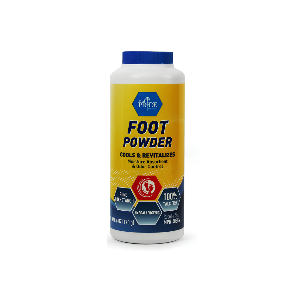 A white plastic 6 oz Shield Line MedPride Cooling Foot Powder container features a blue cap and yellow-blue label, highlighting talc-free, hypoallergenic, pure cornstarch formula for moisture control, odor absorption, and shoe deodorizing.