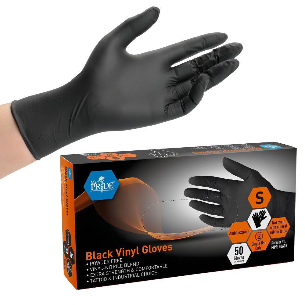 A hand in a black glove hovers above a Shield Line MedPride Black Vinyl Nitrile Gloves box (4 mil, small, 50 count). The latex-free, powder-free gloves offer extra strength and comfort. Go Bulk Medical is an authorized Medpride distributor.