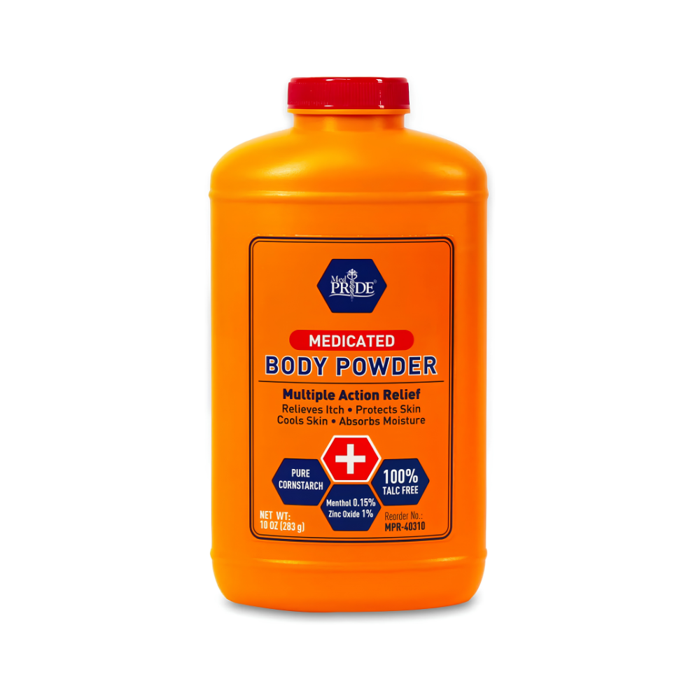 A 10 oz orange container of Shield Line MedPride Medicated Body Powder with a red cap, labeled for itch, skin & moisture protection, cooling, with zinc oxide & cornstarch, and 100% talc-free.