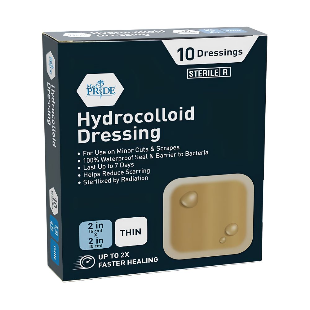 Shield Line Medpride Hydrocolloid Wound Dressing Pads are sterile, thin adhesive patches (2"x2", 4"x4", 6"x6") for minor cuts and scrapes, offering advanced wound care, waterproof seal, scar reduction, and up to 7 days of use.