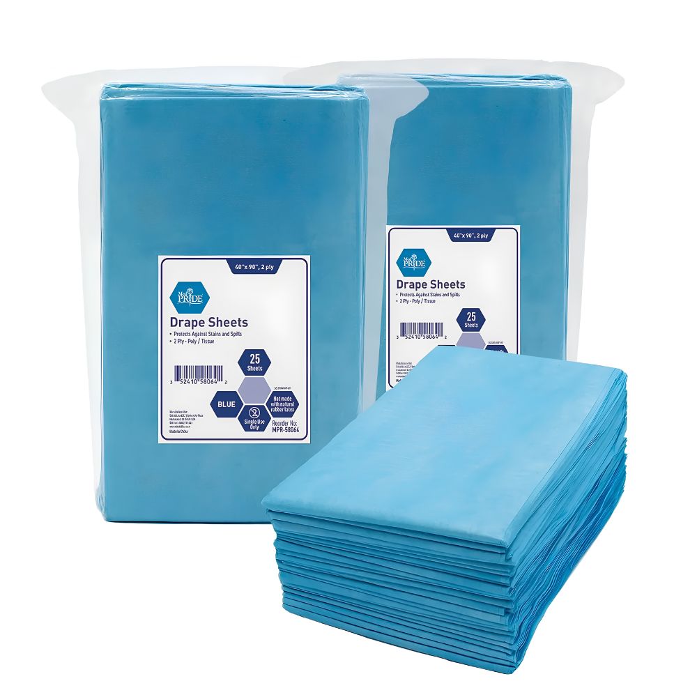 Three packages of Shield Line MedPride Disposable Drape Sheets, Blue & White, are shown—two upright in clear packaging and one opened stack. Each pack contains 25 poly tissue sheets, sized 40x60 inches, for hygienic protection.
