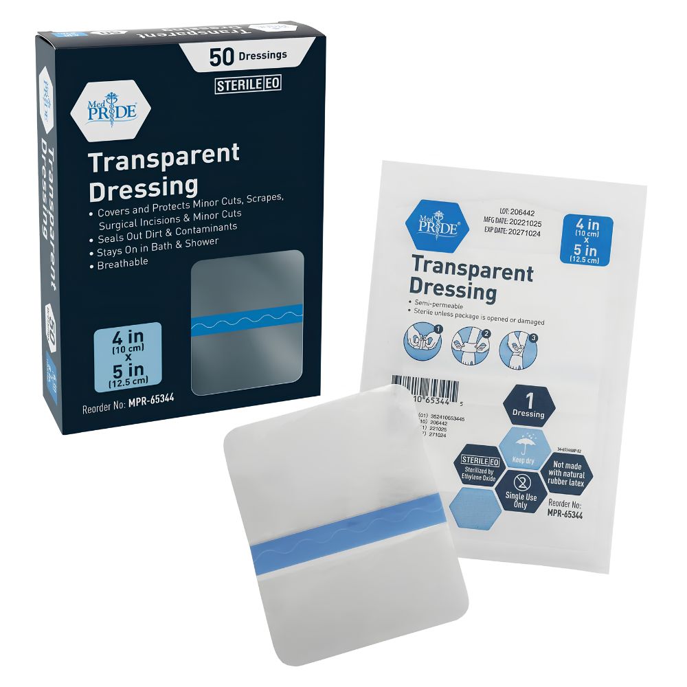 Shield Line MedPride Transparent Film Wound Dressing, available in 4”x5” & 6”x8”, comes in a box of 50. Packaging highlights waterproof, 4-in-1 protection for wounds or tattoo aftercare, and shows a clear adhesive bandage with a blue strip.