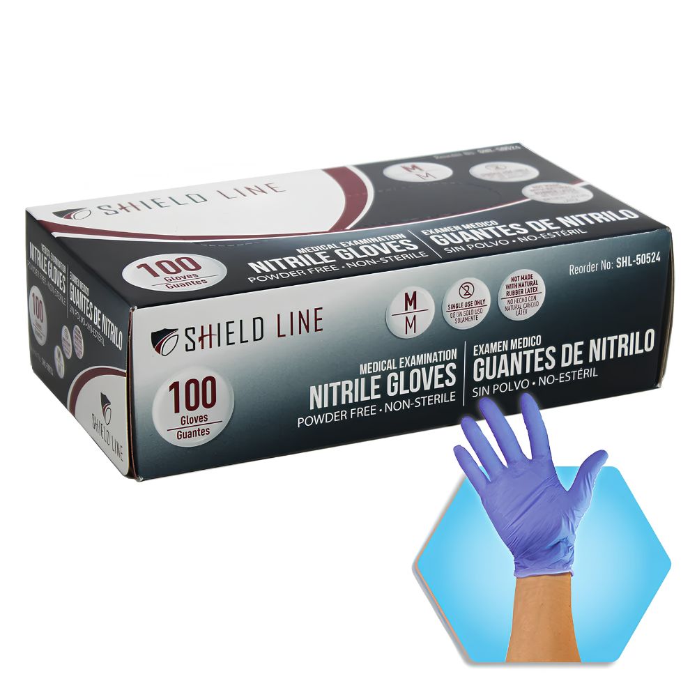 A box of MedPride Shield Line Nitrile Exam Gloves 4 Mil Non-Sterile Powder Free Bi-L shows English and Spanish text, a hand in a purple-blue glove, and displays 100 powder-free, latex-free medium gloves. Brand: Shield Line.