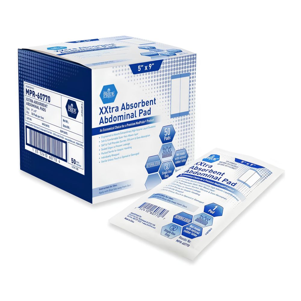 A blue and white Shield Line box labeled "MedPride Extra Absorbent Abdominal Pad - 5x9 - Sterile" contains 50 sterile pads. A single wrapped pad is in front. Packaging highlights wound care benefits and displays the medical supply brand logo.
